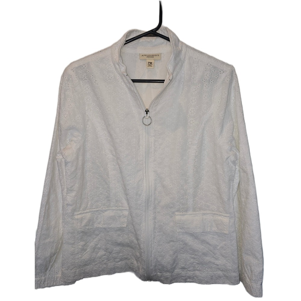 Appleseed's Petites White‎ Eyelet Full Zip Jacket Mock Neck Cotton PM A31810
